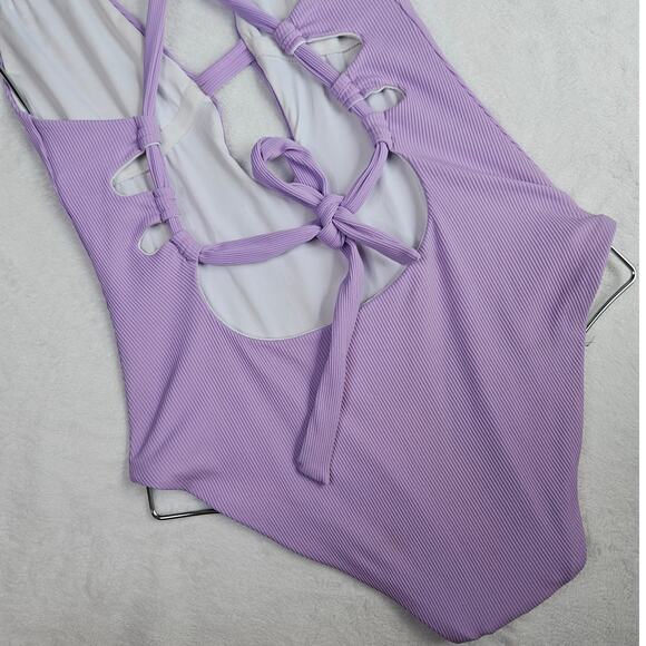 BECCA by Rebecca Virtue Fine Line Rib Skylar Plunge One-Piece Size Medium Purple - Picture 13 of 16